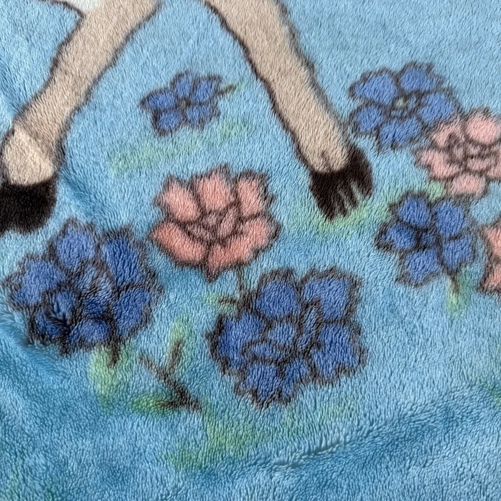 Vintage Deer Bunny Butterfly Flowers Plush Minky Blanket Blue 42x54 GUC